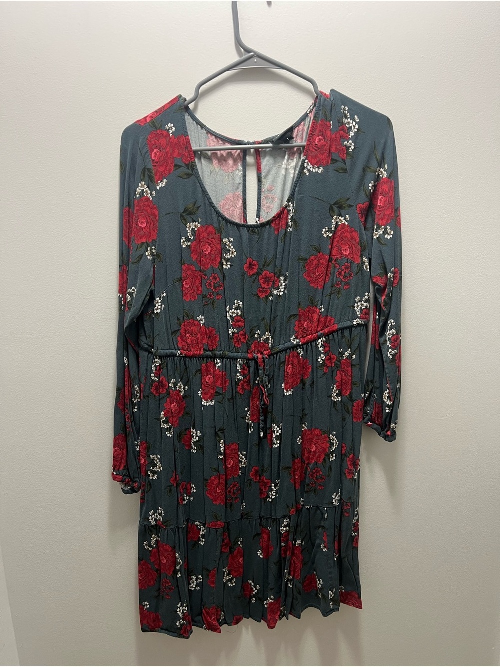 torrid Teal Floral Tiered Long-Sleeve Dress with Red Roses